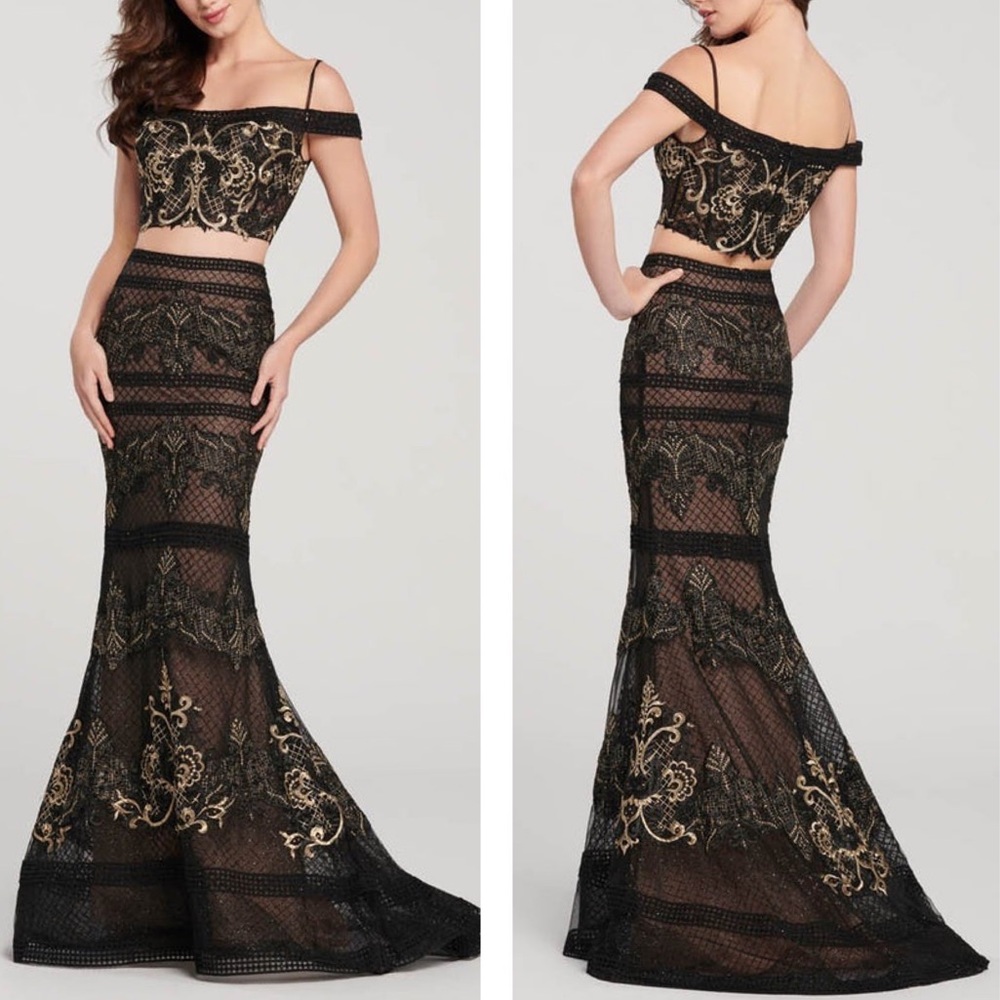 Ellie Wilde Mon Cheri Black and Gold 2 Piece Off Shoulder Mermaid Formal Dress